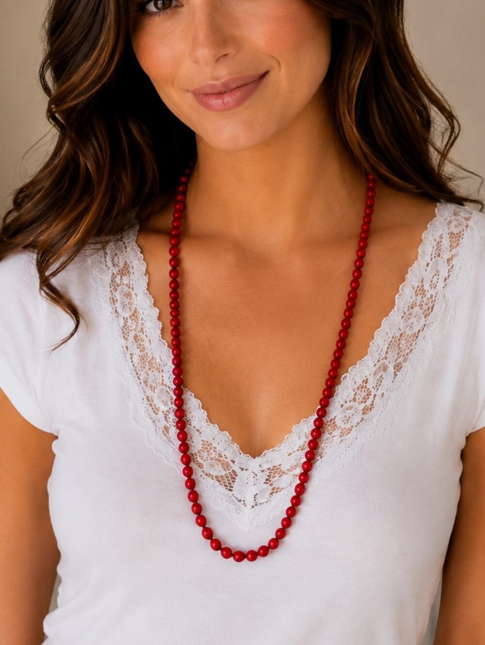 Vtg MONET Red Glass Knot Beaded Long Sweater Necklace